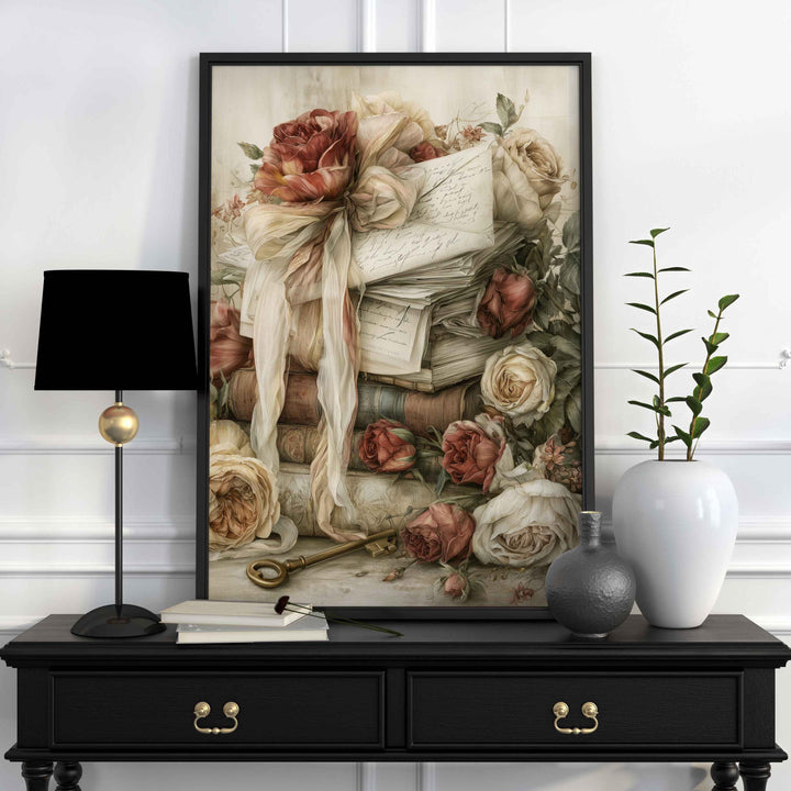 Chateaucore Wall Art, Vintage Books & Love Letters Home Decor, Romantic Floral Print, French Country Poster, Antique Library Artwork