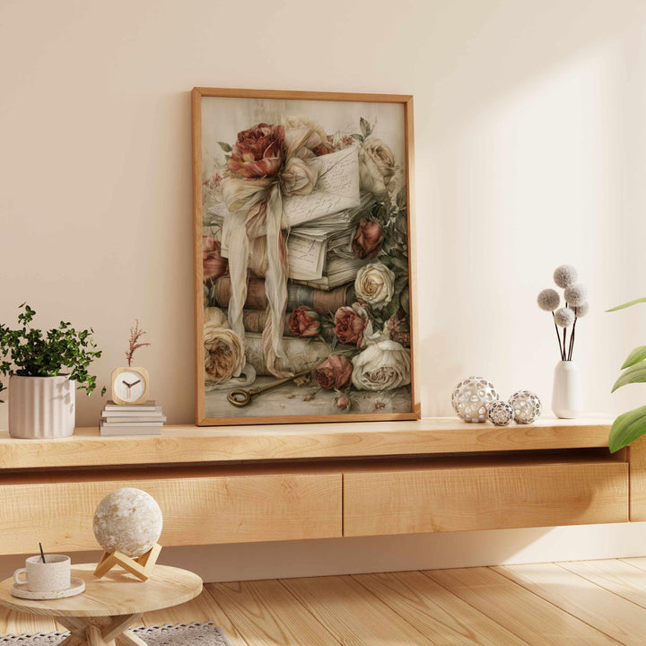 Chateaucore Wall Art, Vintage Books & Love Letters Home Decor, Romantic Floral Print, French Country Poster, Antique Library Artwork