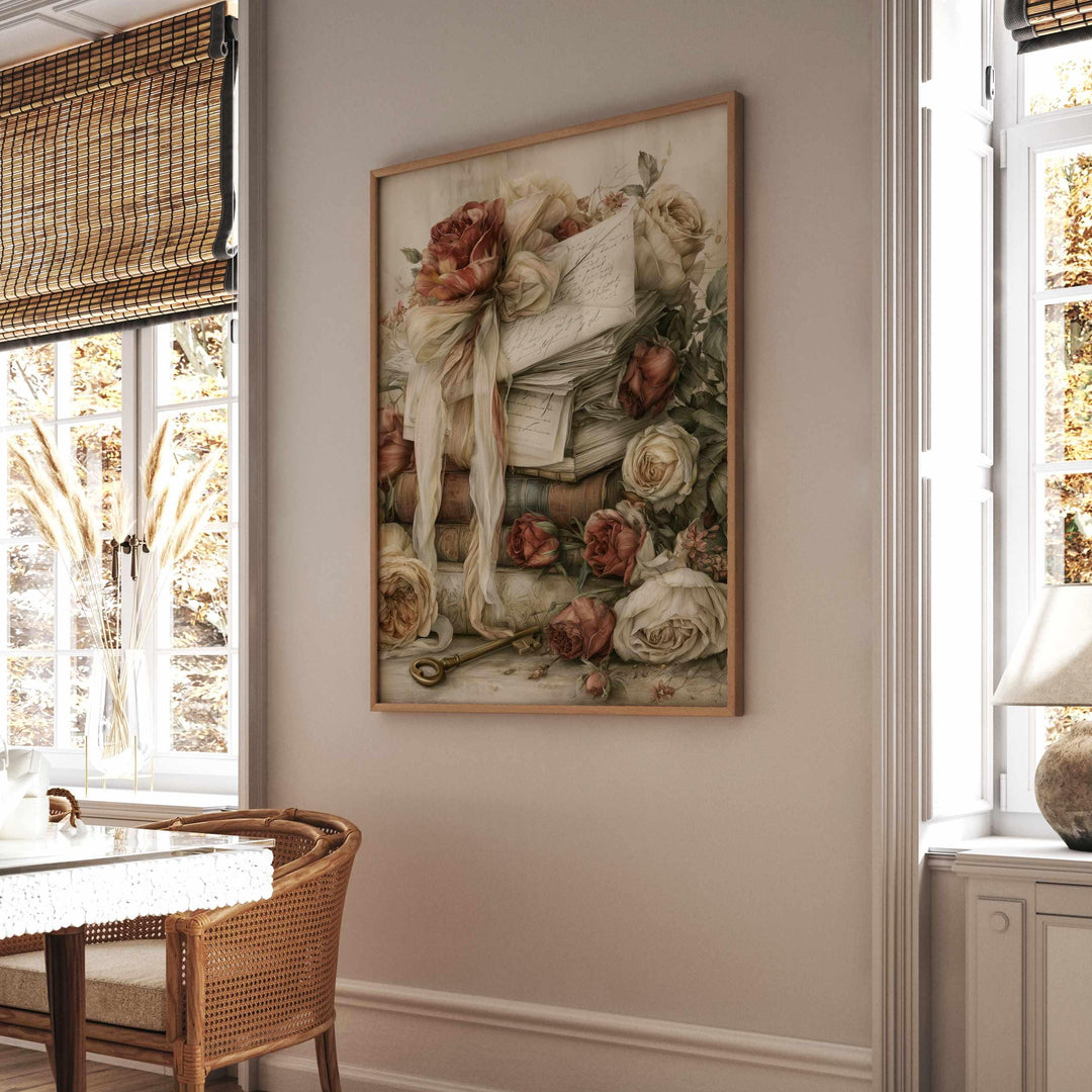 Chateaucore Wall Art, Vintage Books & Love Letters Home Decor, Romantic Floral Print, French Country Poster, Antique Library Artwork