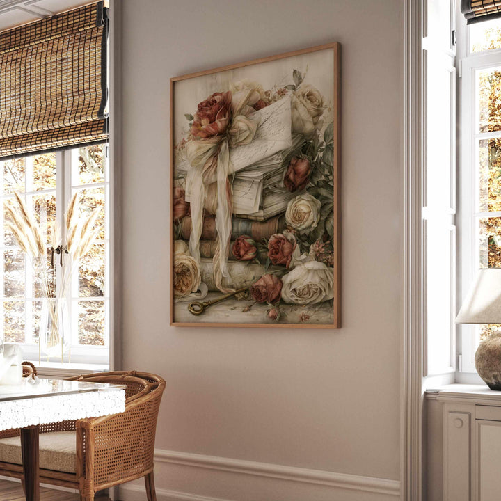 Chateaucore Wall Art, Vintage Books & Love Letters Home Decor, Romantic Floral Print, French Country Poster, Antique Library Artwork