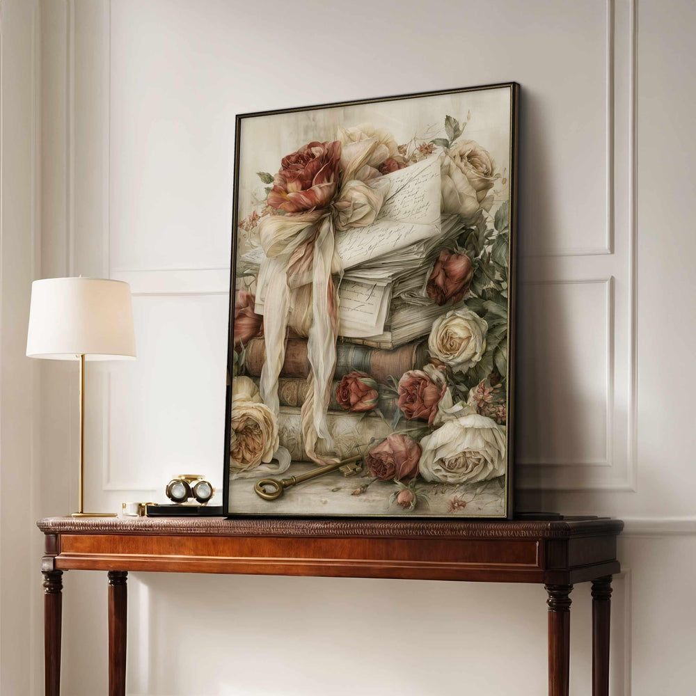 Chateaucore Wall Art, Vintage Books & Love Letters Home Decor, Romantic Floral Print, French Country Poster, Antique Library Artwork