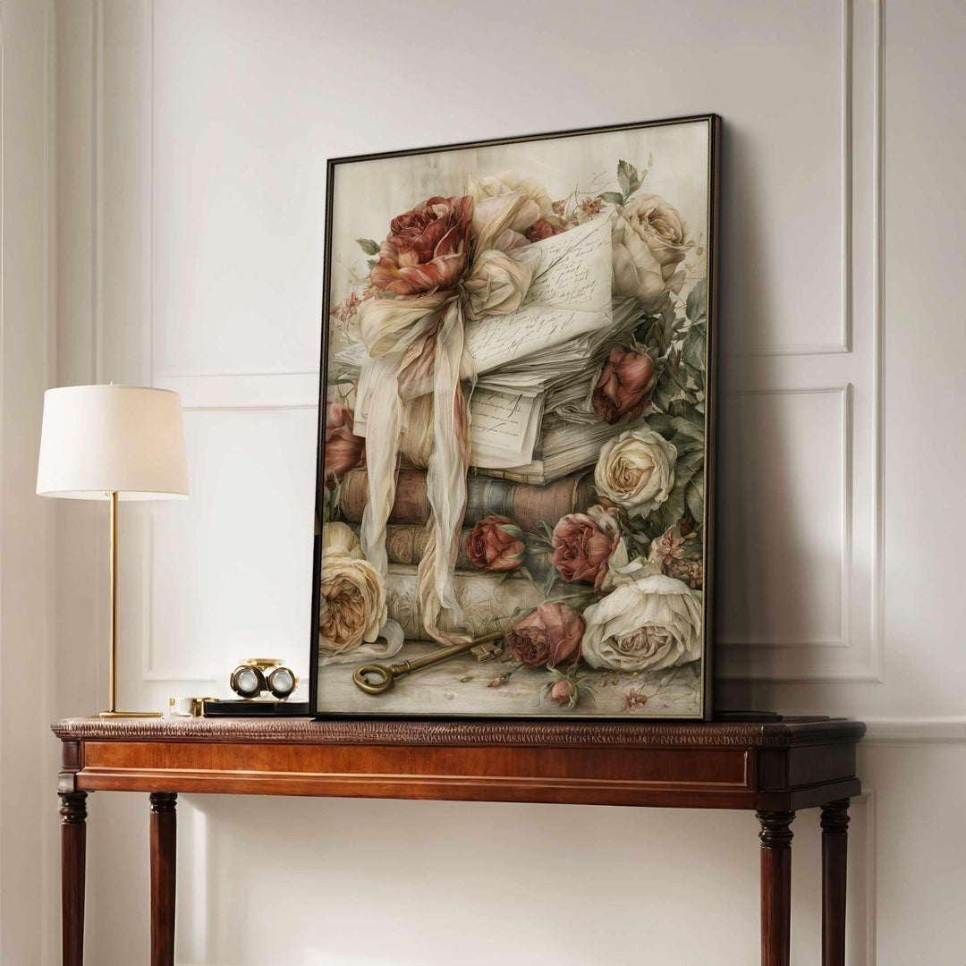 Chateaucore Wall Art, Vintage Books & Love Letters Home Decor, Romantic Floral Print, French Country Poster, Antique Library Artwork