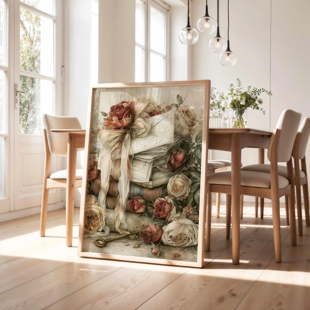 Chateaucore Wall Art, Vintage Books & Love Letters Home Decor, Romantic Floral Print, French Country Poster, Antique Library Artwork