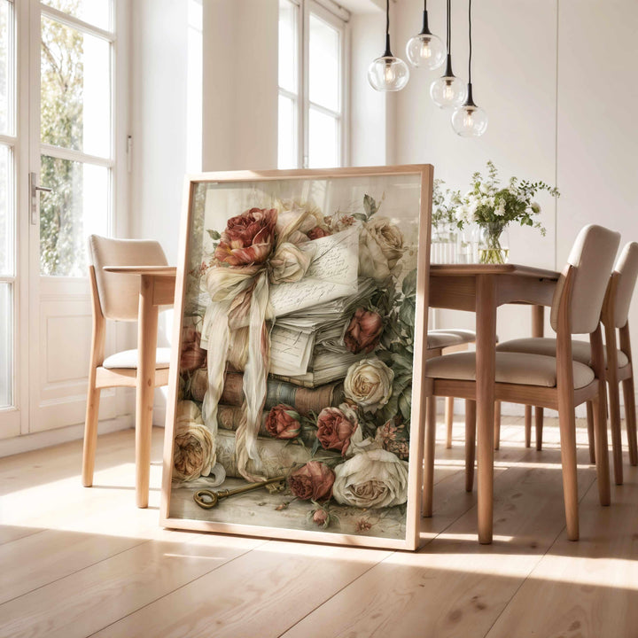 Chateaucore Wall Art, Vintage Books & Love Letters Home Decor, Romantic Floral Print, French Country Poster, Antique Library Artwork
