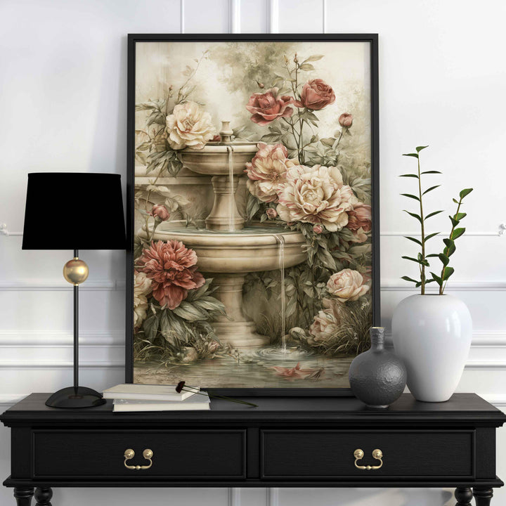 Chateaucore Wall Art, Vintage French Garden Fountain, Romantic Peony Wall Decor, French Country Floral Art, Elegant Botanical Print