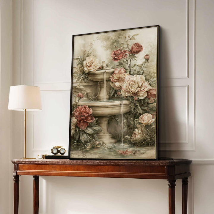 Chateaucore Wall Art, Vintage French Garden Fountain, Romantic Peony Wall Decor, French Country Floral Art, Elegant Botanical Print