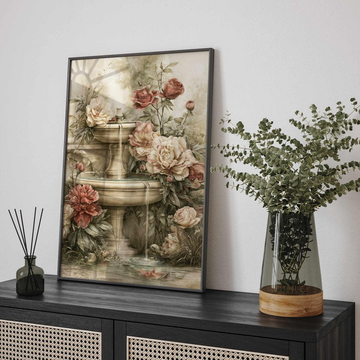 Chateaucore Wall Art, Vintage French Garden Fountain, Romantic Peony Wall Decor, French Country Floral Art, Elegant Botanical Print