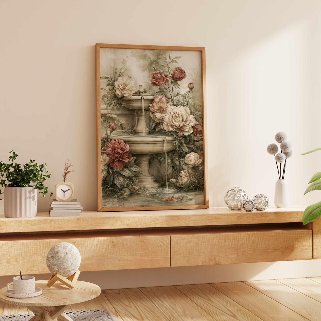 Chateaucore Wall Art, Vintage French Garden Fountain, Romantic Peony Wall Decor, French Country Floral Art, Elegant Botanical Print