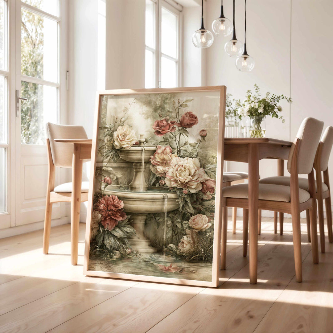 Chateaucore Wall Art, Vintage French Garden Fountain, Romantic Peony Wall Decor, French Country Floral Art, Elegant Botanical Print