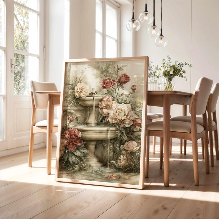 Chateaucore Wall Art, Vintage French Garden Fountain, Romantic Peony Wall Decor, French Country Floral Art, Elegant Botanical Print
